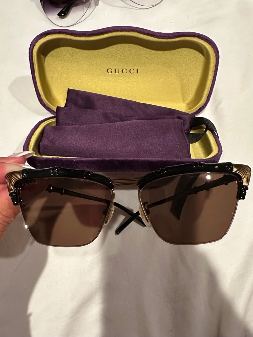 Limited edition Gucci Black Sunglasses with Gold Accents in Yellow & Purple Case
